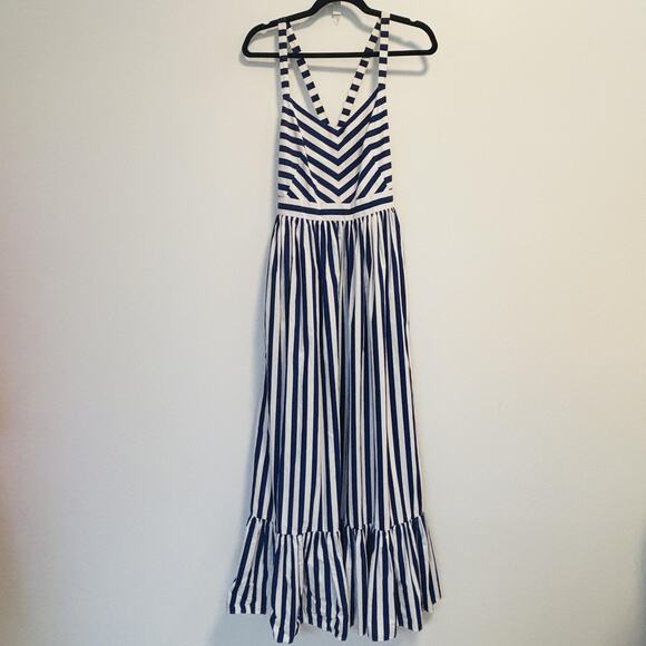 J Crew Dress Womens 2 Blue White Maxi Cross Back Ruffle Hem Summer Striped - Picture 1 of 14